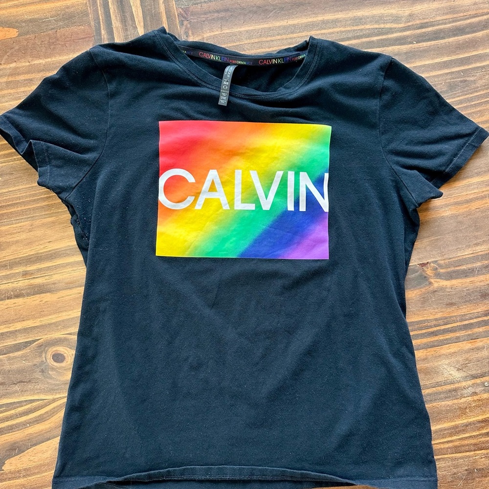 Calvin Klein Black Tee with Rainbow Graphic